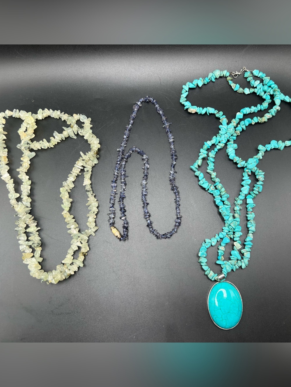 Lot of 3 Gemstone Chip Bead Necklaces Pendant Boho Howlite Prehnite Iolite